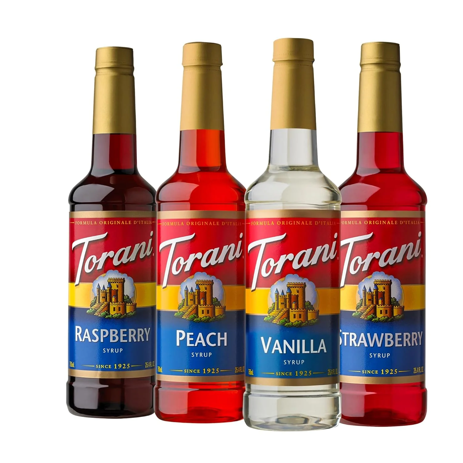 Advanced Torani Flavored Drink Syrup Soda Shop Variety Pack Raspberry Peach Vanilla Strawberry 25.4 fl oz Set of 4 Clean