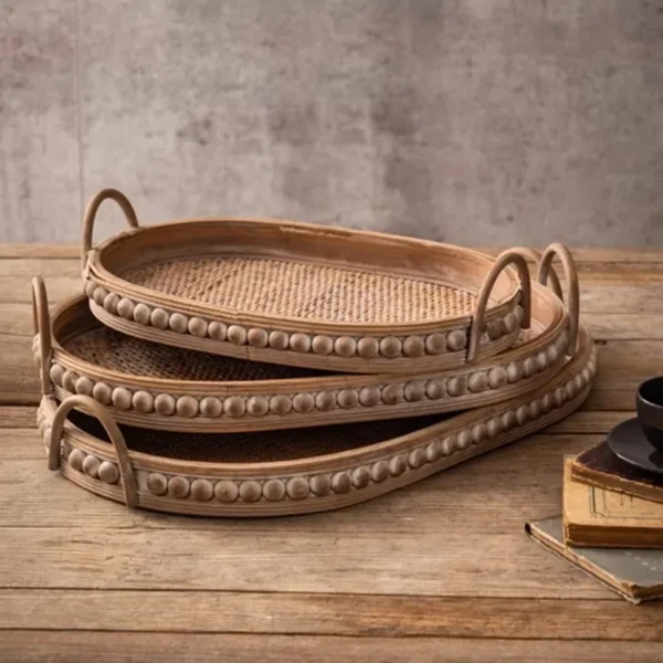 Fine Vintage Oval Rattan Wooden Serving Tray with Handles Practical
