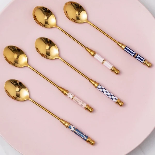 Excellent Stainless Steel Dessert Spoon- Ceramic Long Handle Gold Teaspoon Comfortable