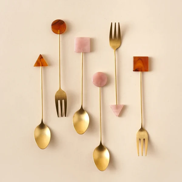 Expertly Made Gold-Plated Geometric Spoon and Fork Set High-Grade
