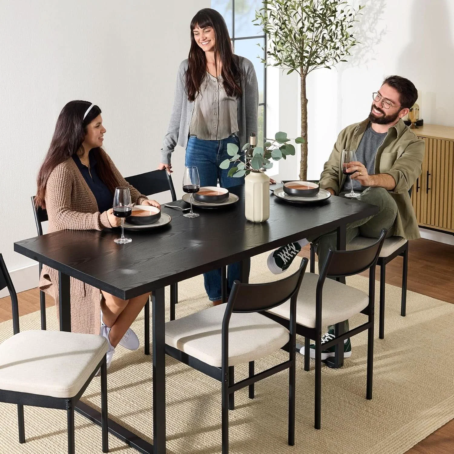 Versatile Six Seat Contemporary Dining Set Black Upholstered Breathable