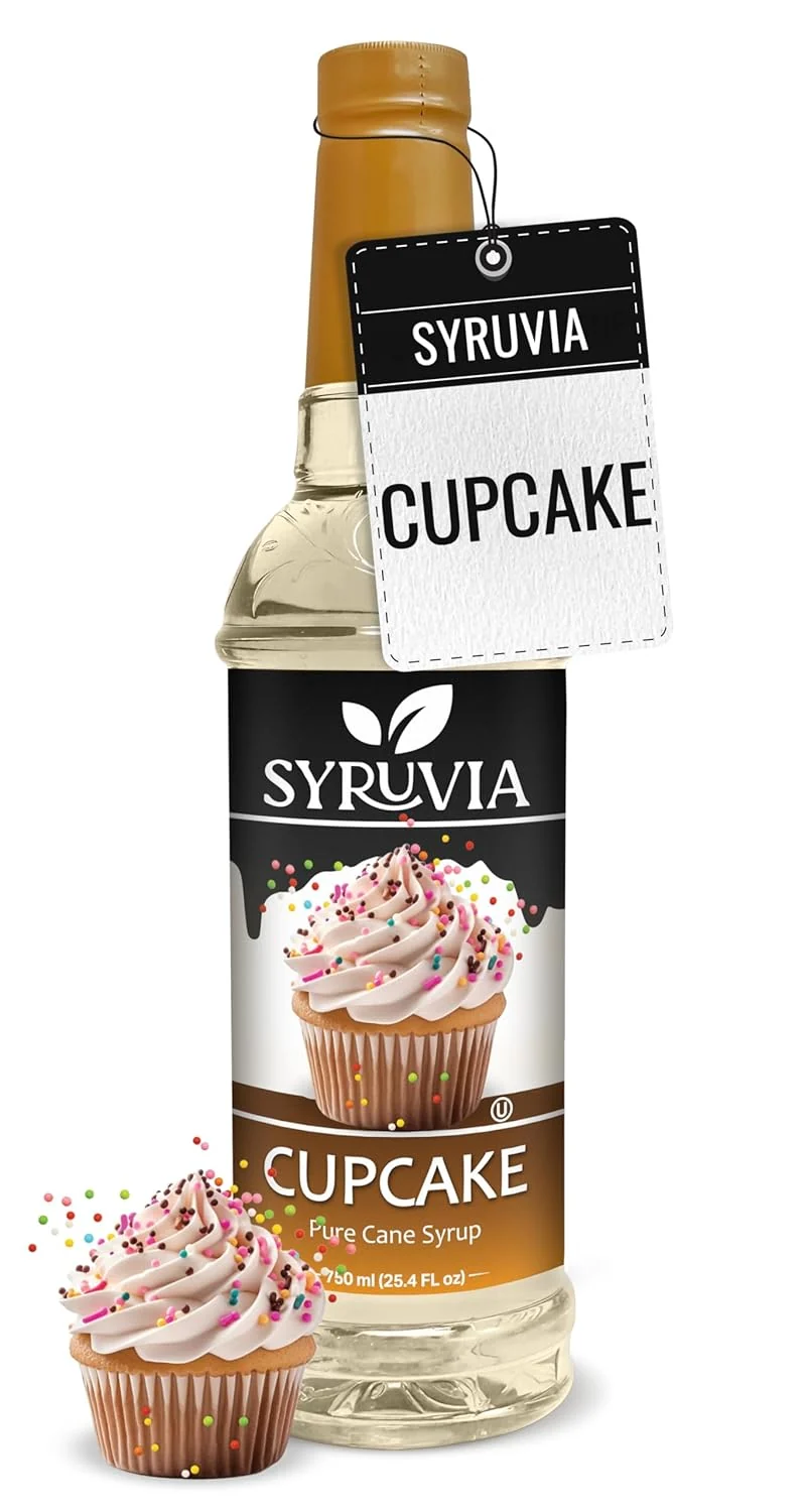 Powerful Syruvia Cupcake Coffee Syrup – 25.4 fl oz – Kosher Syrups Gluten No Coloring for Drinks Soda Shakes Desserts and More. Soft