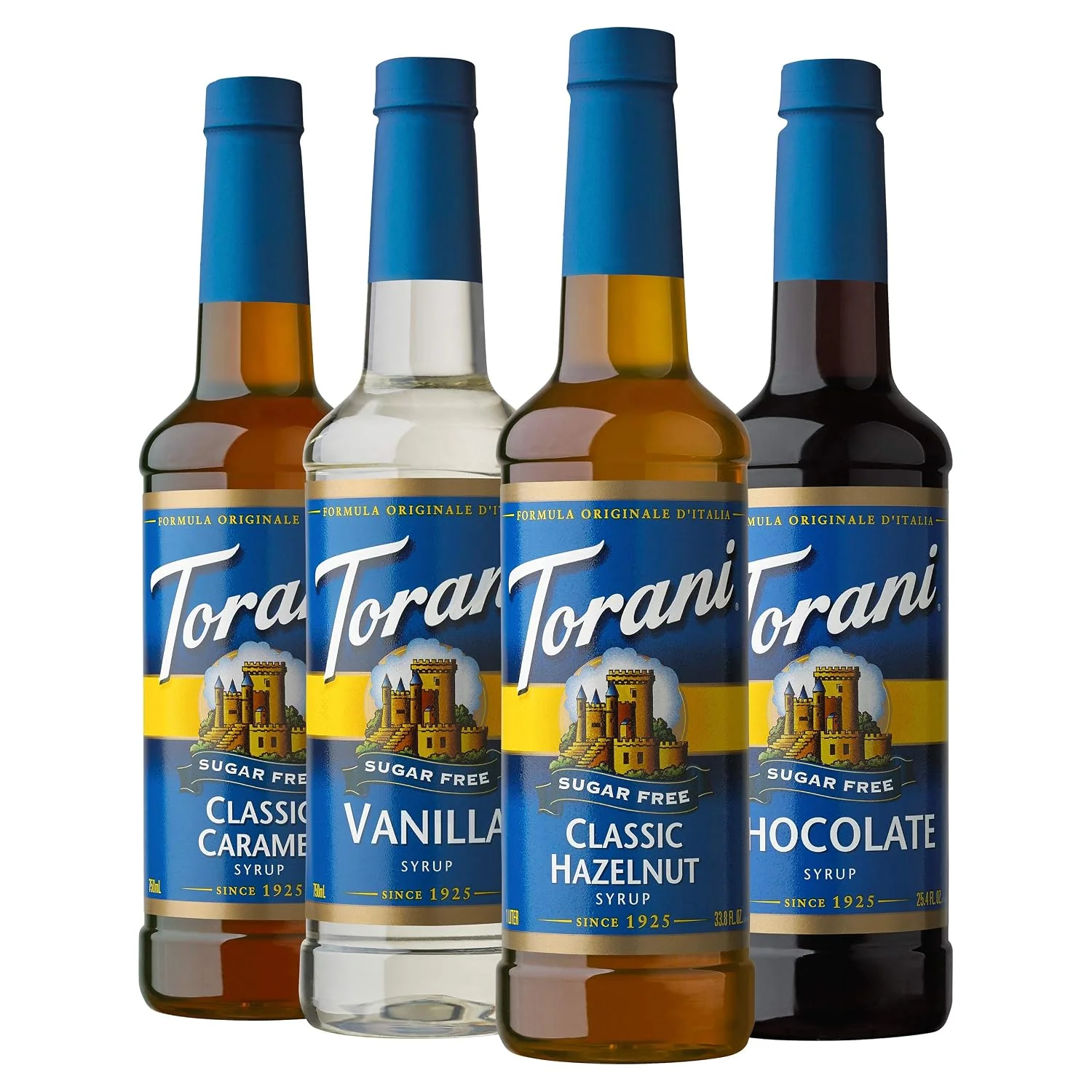 Original Torani Sugar Flavored Drink Syrup Café Variety Pack 25.4 fl oz 4 Pack Flavors Include Classic Caramel Vanilla Classic Hazelnut amp Chocolate Effective