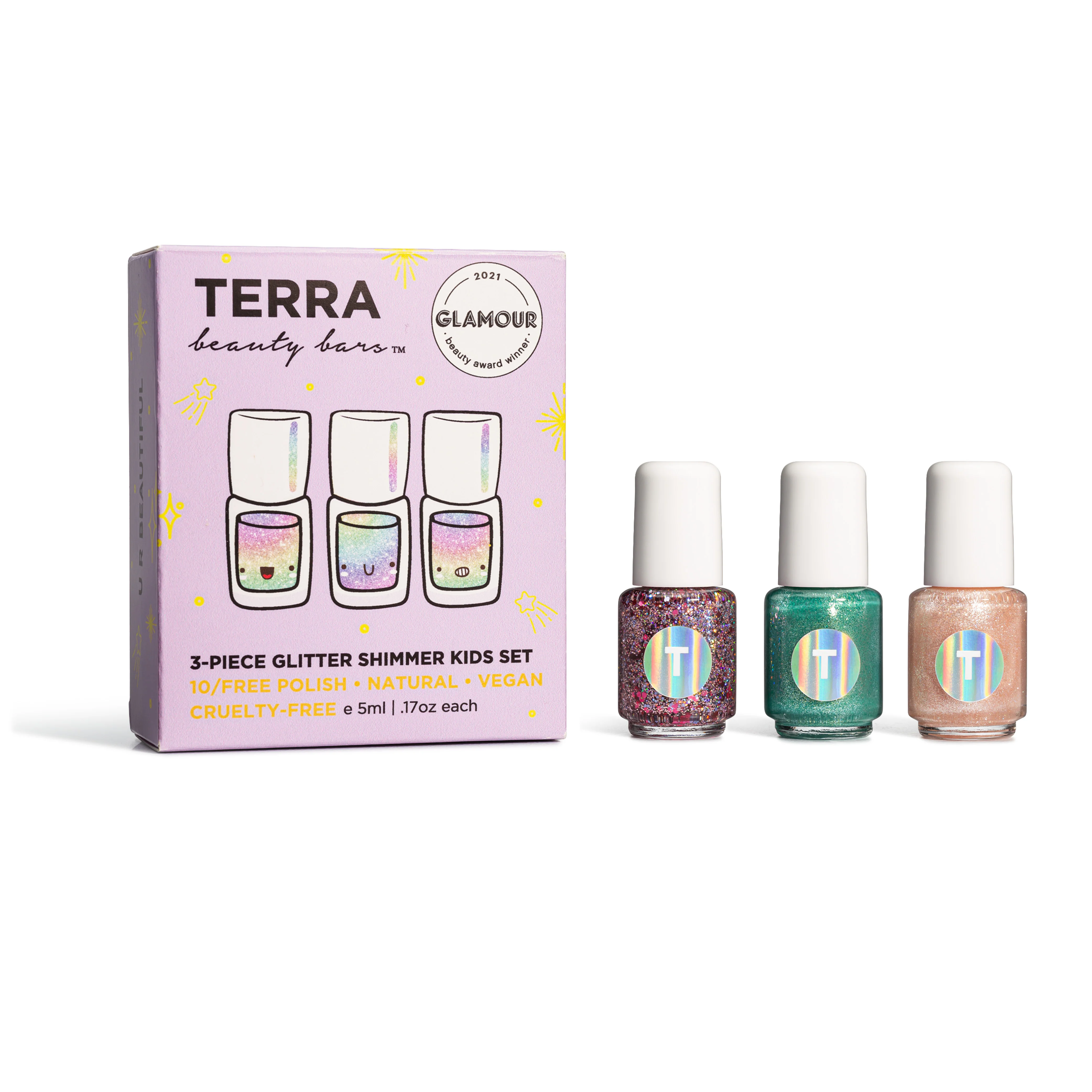 Sustainable Terra Beauty Bars Kids 3-Piece Glitter Shimmer Nail Collection Clean