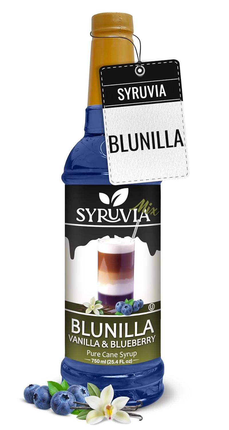 Classic Syruvia Blunilla Coffee Syrup Vanilla Blueberry – 25.4 fl oz – Kosher Syrups Gluten No Coloring for Drinks Soda Shakes Desserts First-Class