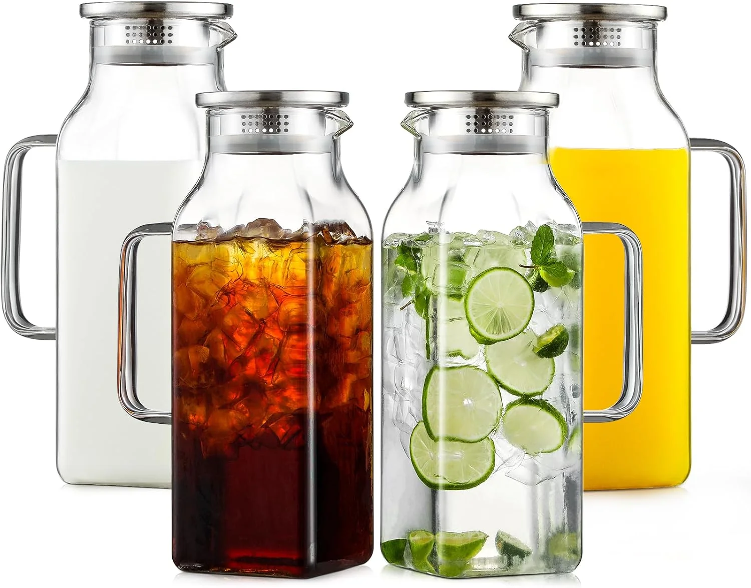 Efficient Netany 4 Pack 2 Liters 68 oz Square Glass Pitcher with Lid and Handle for Fridge Iced Tea and Coffee Carafe Beverage Serveware Organic