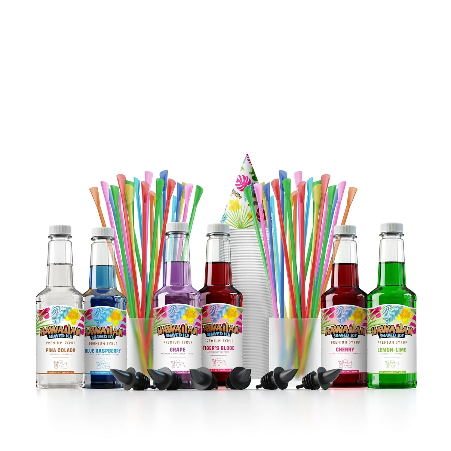 Original Design Hawaiian Shaved Ice Syrup Assortment with 6 – 16oz Bottles 50 Snow Cone Cups Spoon Straws and Pouring Spouts. Flavors Tiger s Blood Pina Colada Premium