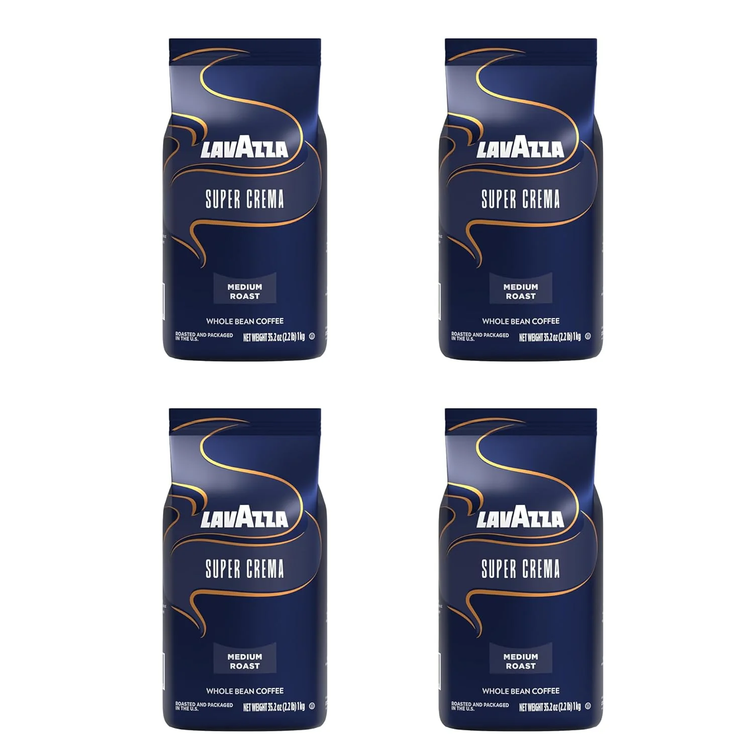 Genuine Lavazza Super Crema Whole Bean Coffee Medium Espresso Roast Arabica and Robusta Blend 2.2 lb Bag Pack of 4 Solid