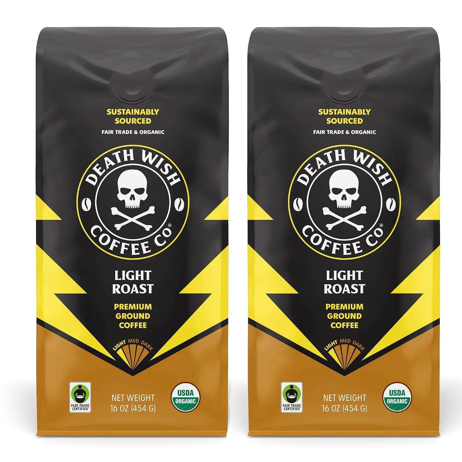 Official Death Wish Coffee Organic Light Roast Ground Coffee 1 lb 2 Pack Fair Trade Arabica amp Robusta Agave amp Golden Raisin Notes Bold amp Bright Bulk 2-Pack Drip amp Pour Over Crafted