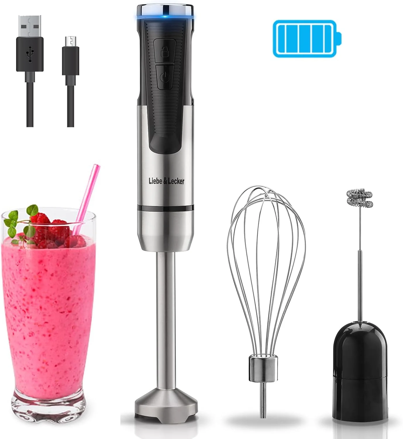 Flexible Liebe Lecker Cordless Hand Blender Immersion Blender Handheld USB Rechargeable 8 Variable Speeds with Whisk Milk Frother Attachments Authentic