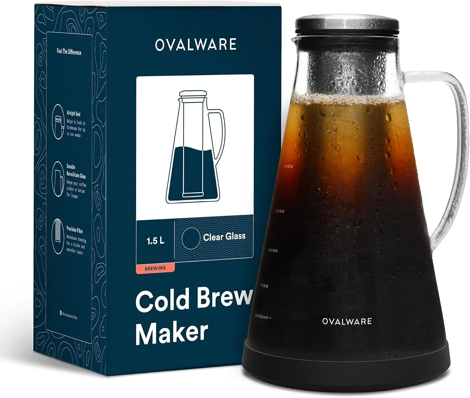 Durable OVALWARE Airtight Cold Brew Coffee Maker with Tea Infuser amp Spout 1.5L 51oz Borosilicate Cold Brew Coffee amp Iced Tea Maker with Removable Strainer amp Spout I for Home Baristas amp Tea Enthusiasts Fine
