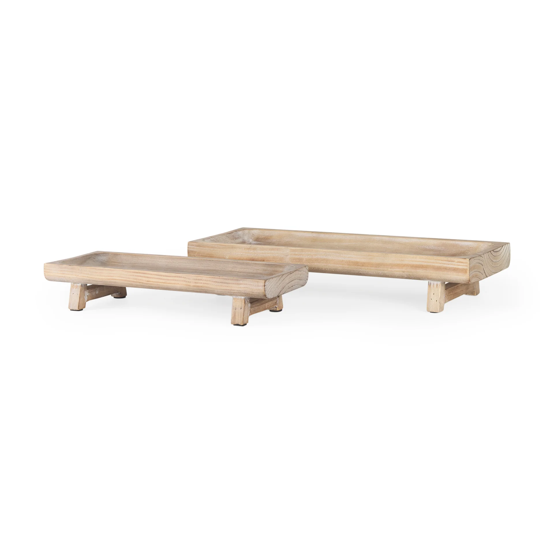 Modern Carver Set of 2 Rectangular White Washed Wood Trays Elegant