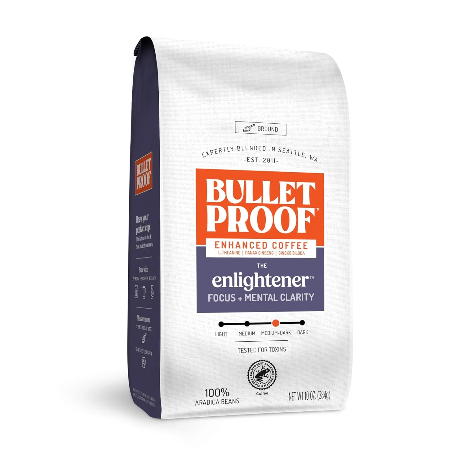 Relaxed Bulletproof The Enlightener Ground Coffee 10 Ounces Medium-Dark Roast Enhanced Coffee with L-Theanine Panax Ginseng and Gingko Biloba Natural