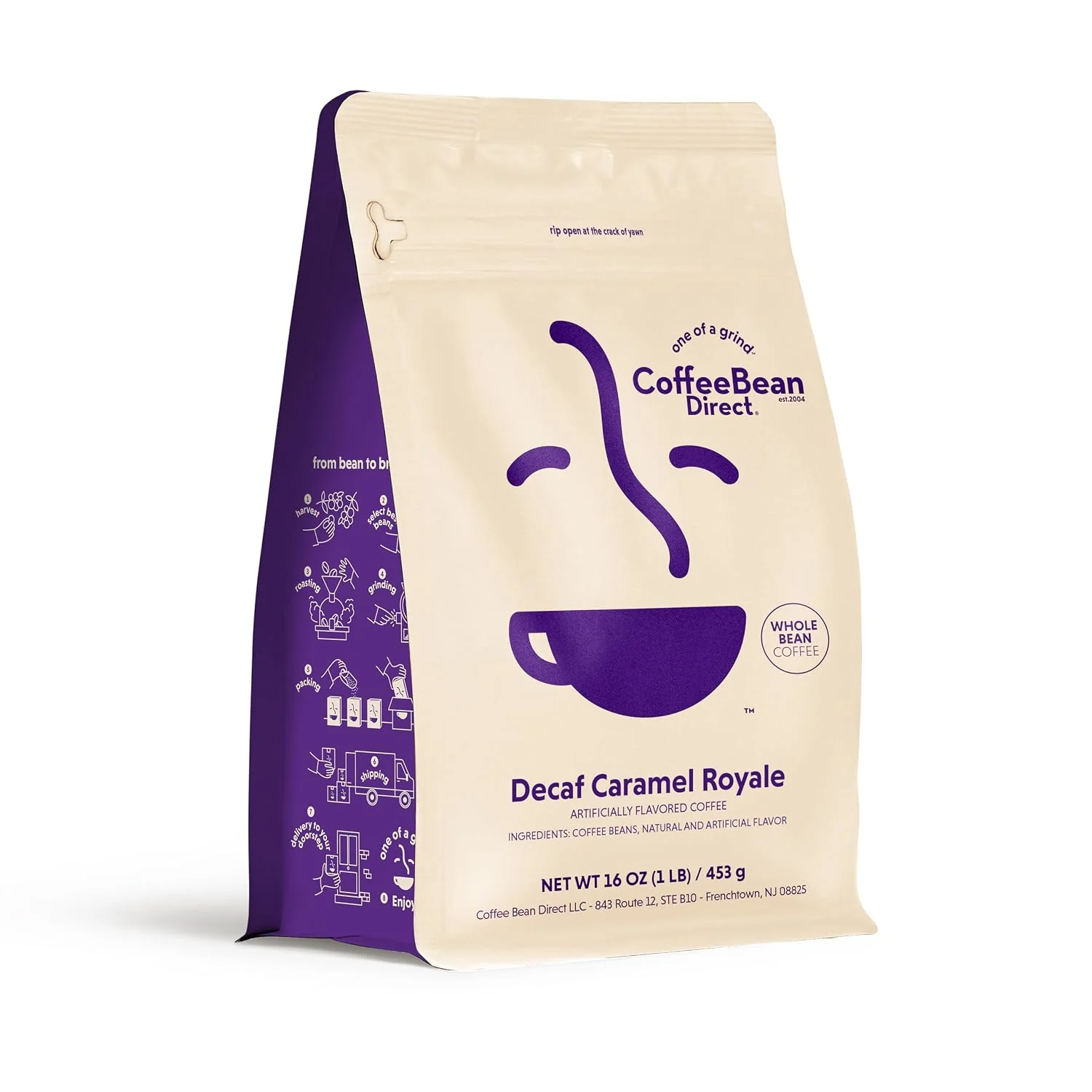 Pure Coffee Bean Direct Decaf Caramel Royale Flavored Whole Bean 1lb Bag Light Roast Caramel Crème Flavored Coffee Beans Environmentally Friendly