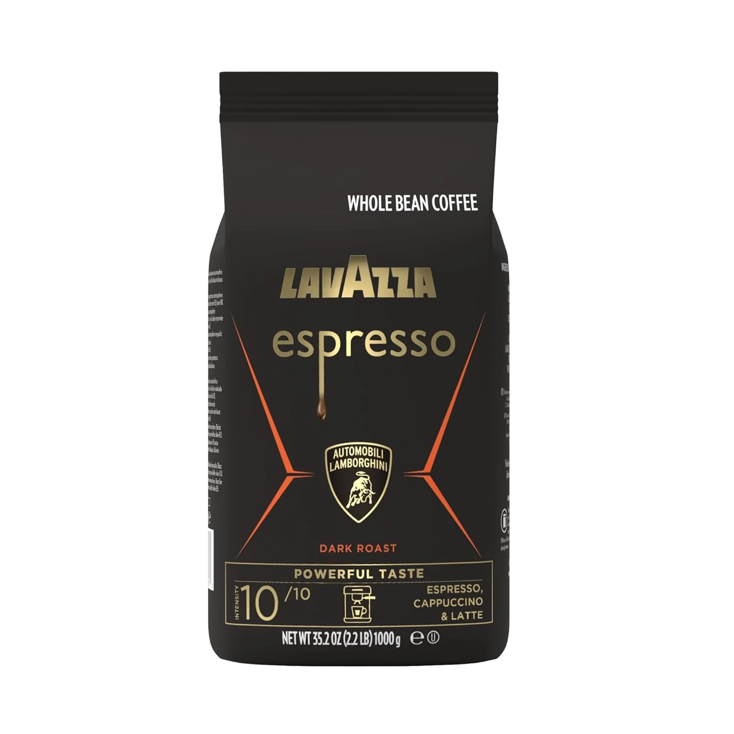Sustainable Lavazza Espresso Whole Bean for Automobili Lamborghini Dark Roast Arabica and Robusta Blend 2.2 lb Bag Safe