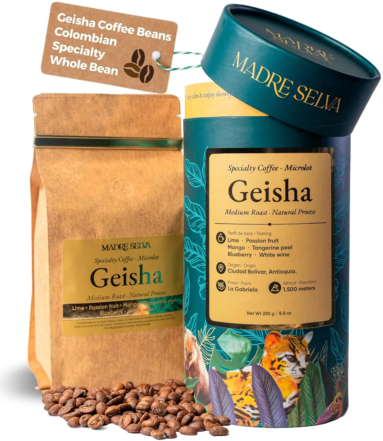 Elegant Madre Selva Geisha Coffee Beans Single Origin Colombian Medium Roast 8.8oz Functional