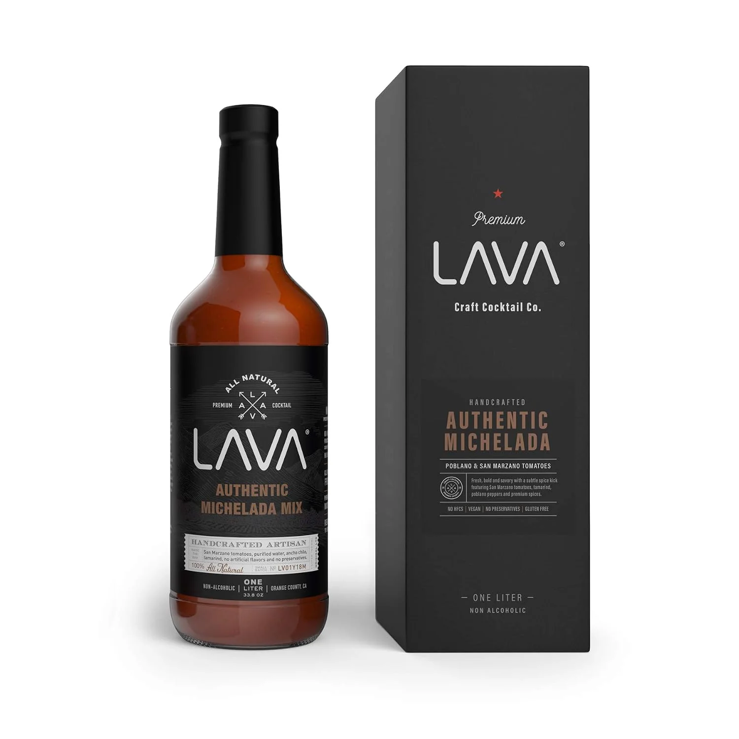 Genuine LAVA Premium Michelada Mix Craft Cocktail Mixer Made with Tomatoes Ancho Chile Peppers Tamarind No Junk Ingredients Vegan 1-Liter 33.8oz Glass Bottle Ready to Use User-Friendly