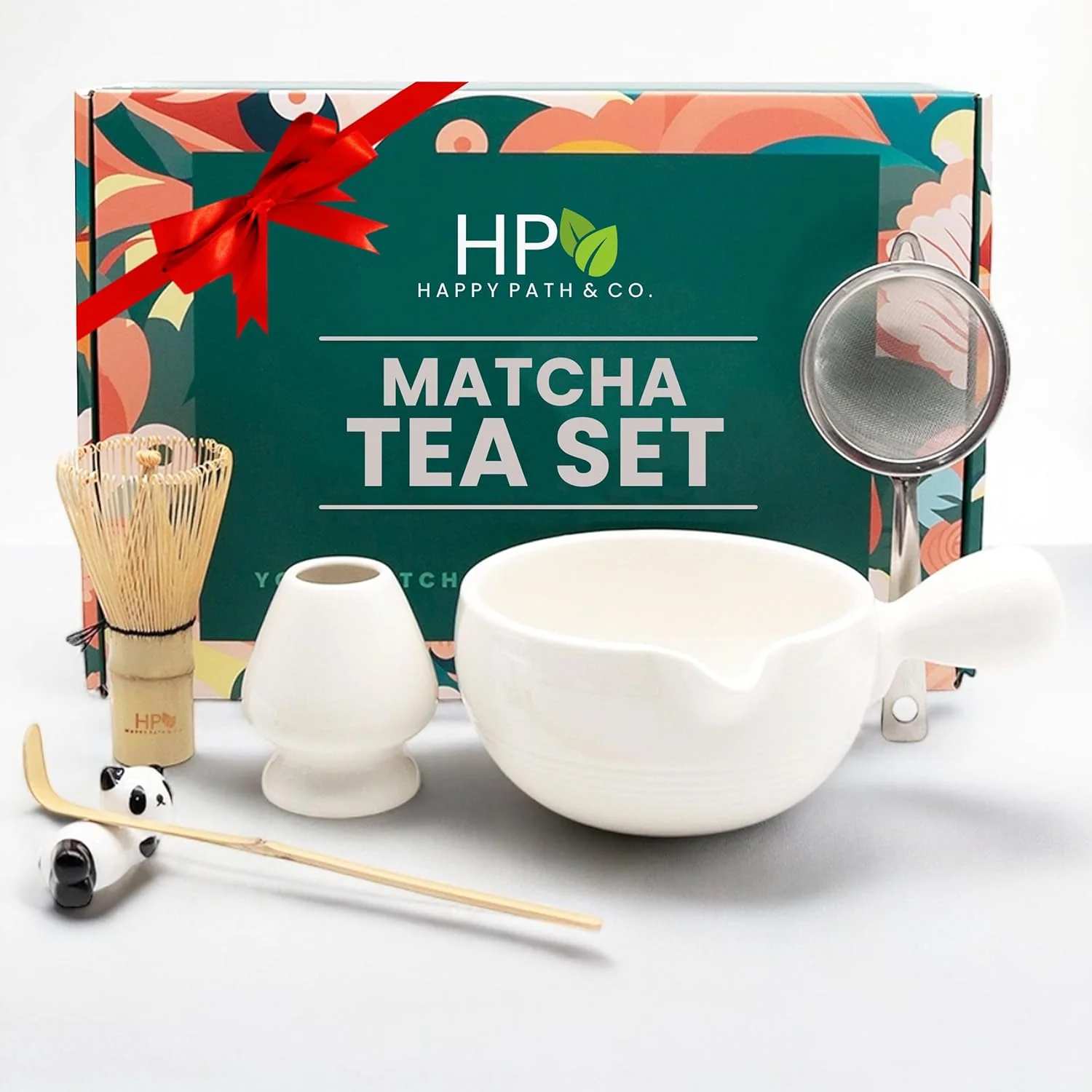Authentic Happy Path CO Matcha Tea Set – 6 Pcs Matcha Kit Set Includes Bamboo Whisk Chasen Bowl with Spout Sifter Scoop Holder Classic