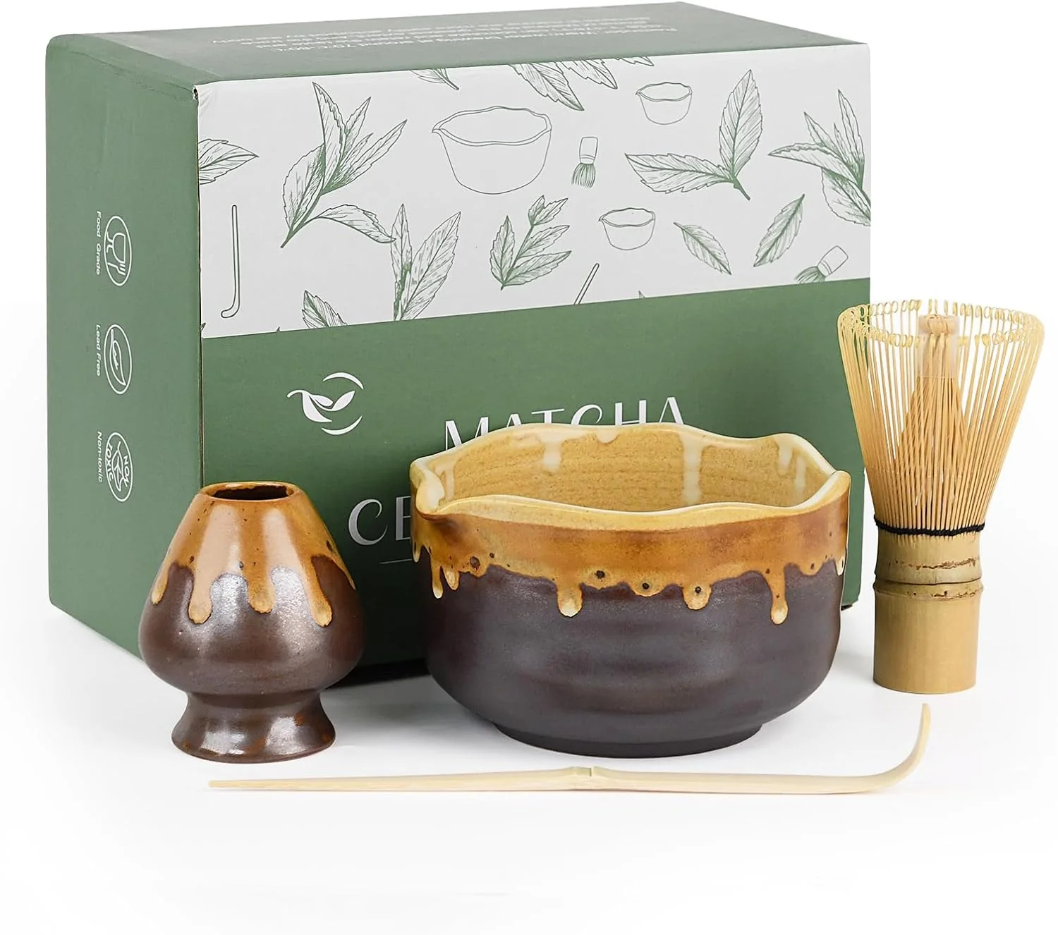 Reliable Pottery Matcha Set – Japanese Handcrafted Matcha Tea Bowl Mineral Glaze Bowl with Spout Bamboo Whisk Scoop Chasen Holder Modern