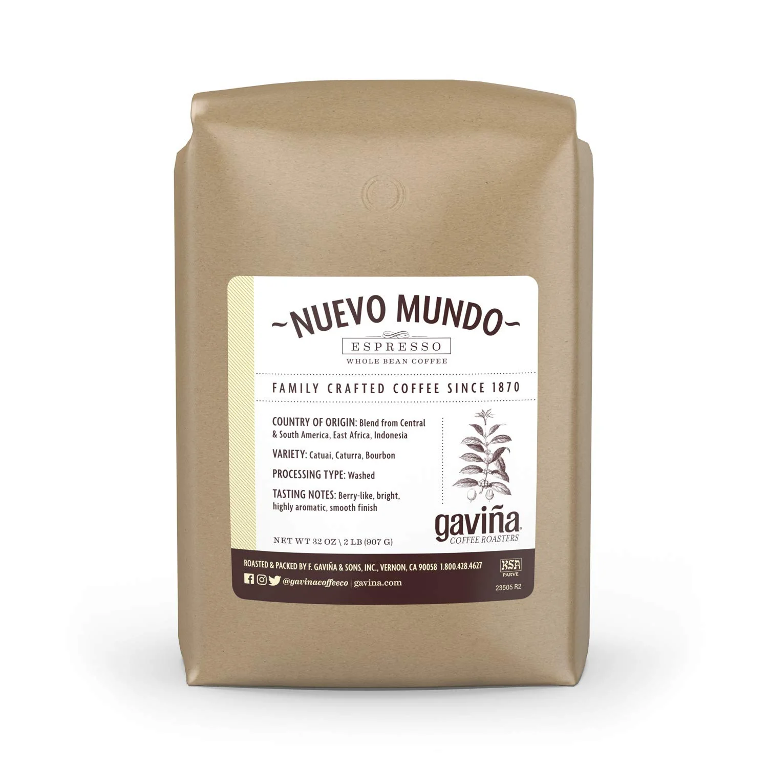 Crafted Gaviña Nuevo Mundo Espresso Whole Bean Coffee Premium