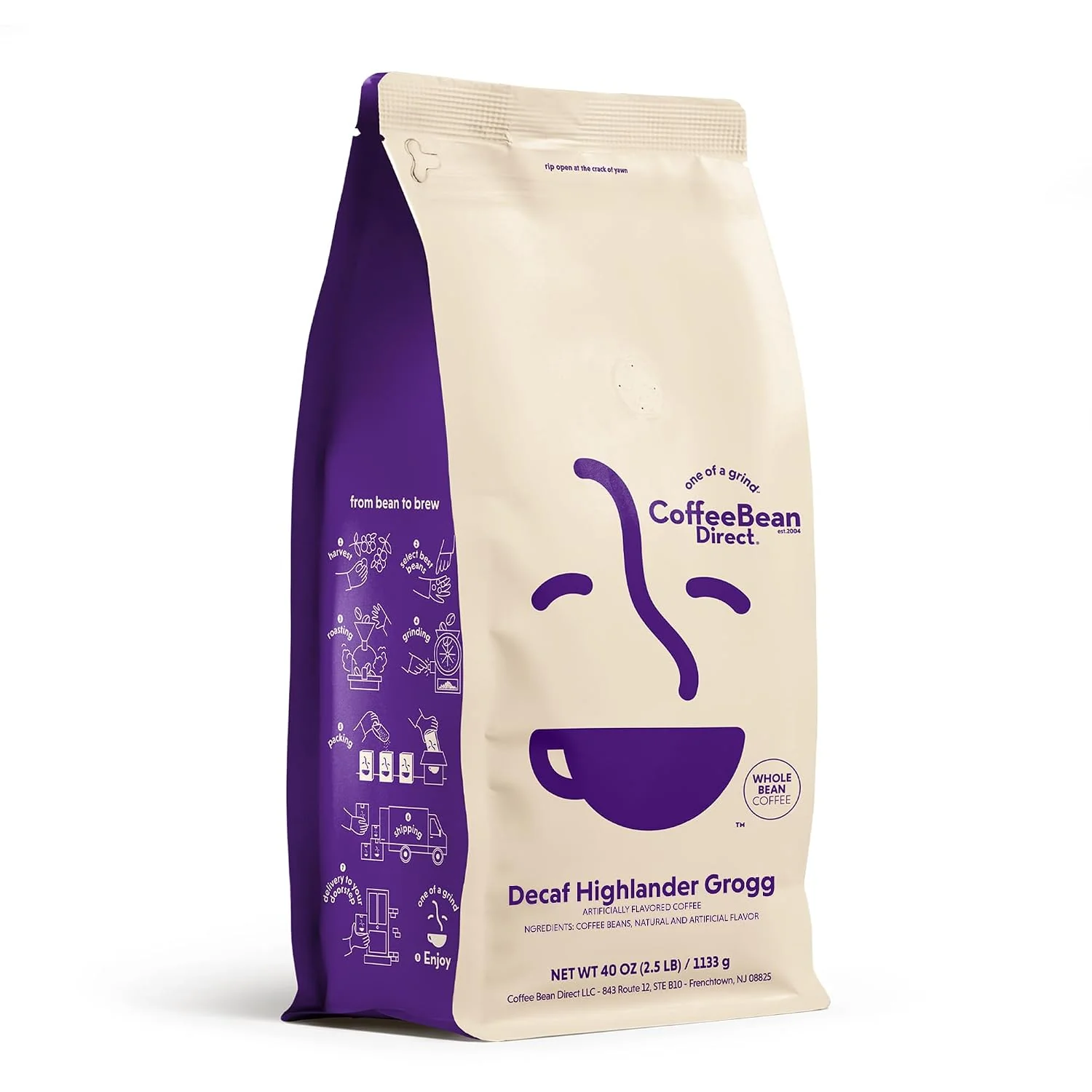 Official Coffee Bean Direct Decaf Highlander Grogg Flavored Whole Bean 2.5lb Bag Light Roast Gourmet Flavored Coffee Beans Decaffeinated Luxury