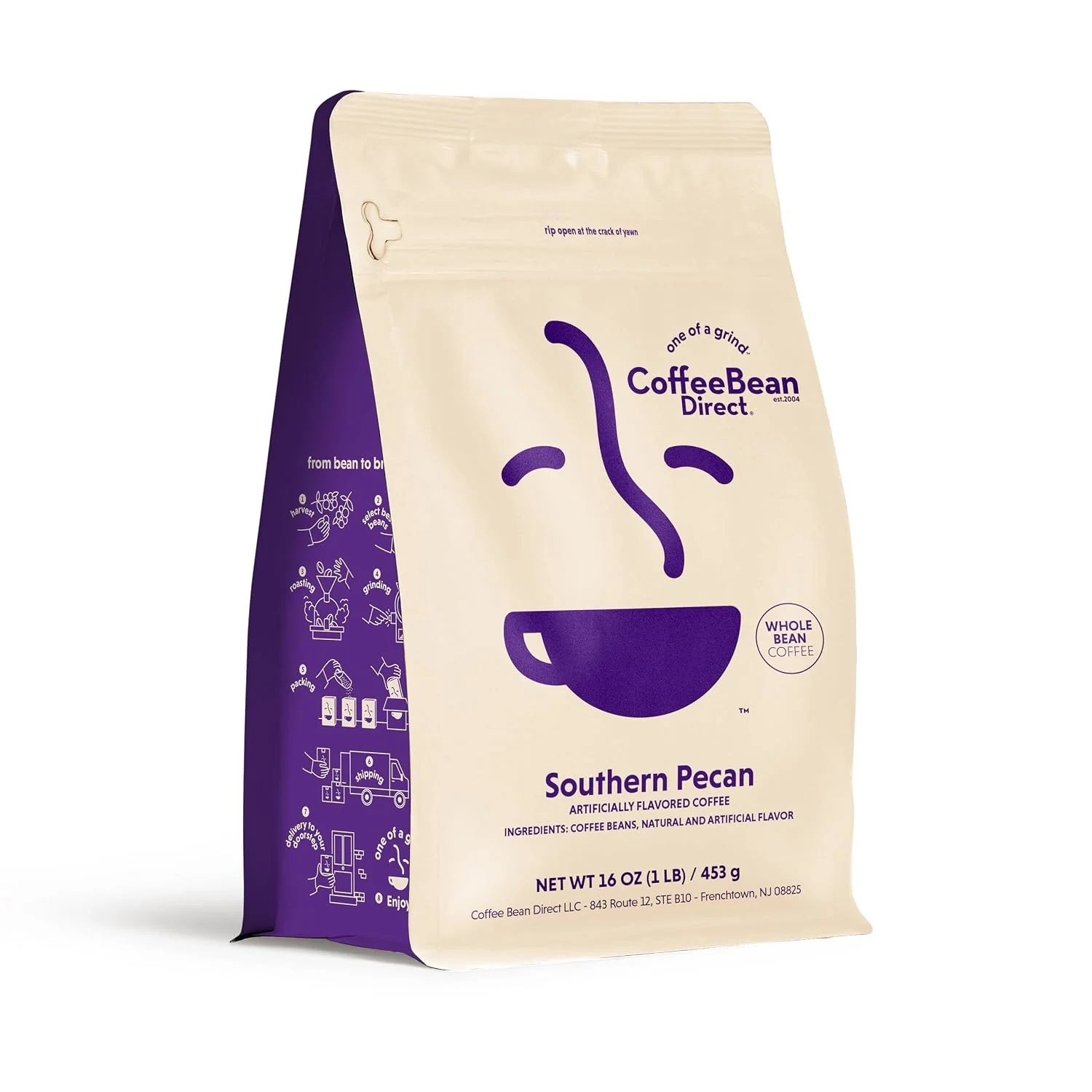 Classic Coffee Bean Direct Southern Pecan Flavored Whole Bean 1lb Bag Light Roast Gourmet Flavored Coffee Beans Recyclable