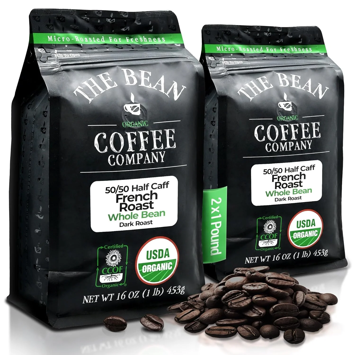 Fine Crafted The Bean Organic Coffee Co. Half-Caff 50 50 French Whole Bean 2 x 1 lb Deep smoky bold dark French. Balanced blend of regular and Swiss Water Process decaf. Organic half-caff coffee beans. Top-Quality