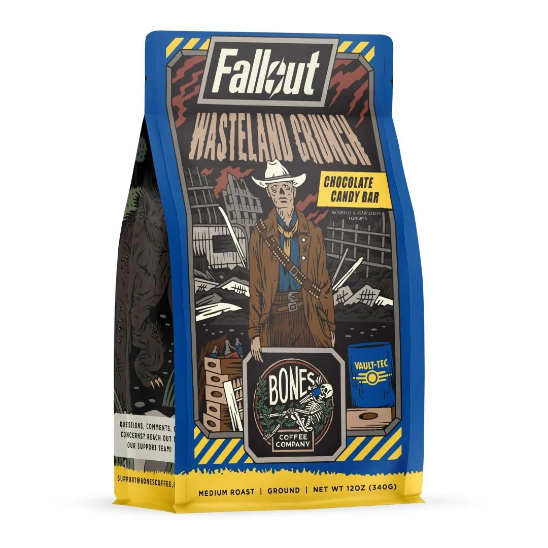 Enhanced Bones Coffee Company Fallout Wasteland Crunch Chocolate Candy Bar Flavored Coffee Medium Roast Low Acid Arabica Beans Compatible with Auto drip and French Press Coffee Maker 12 Oz Ground Quality