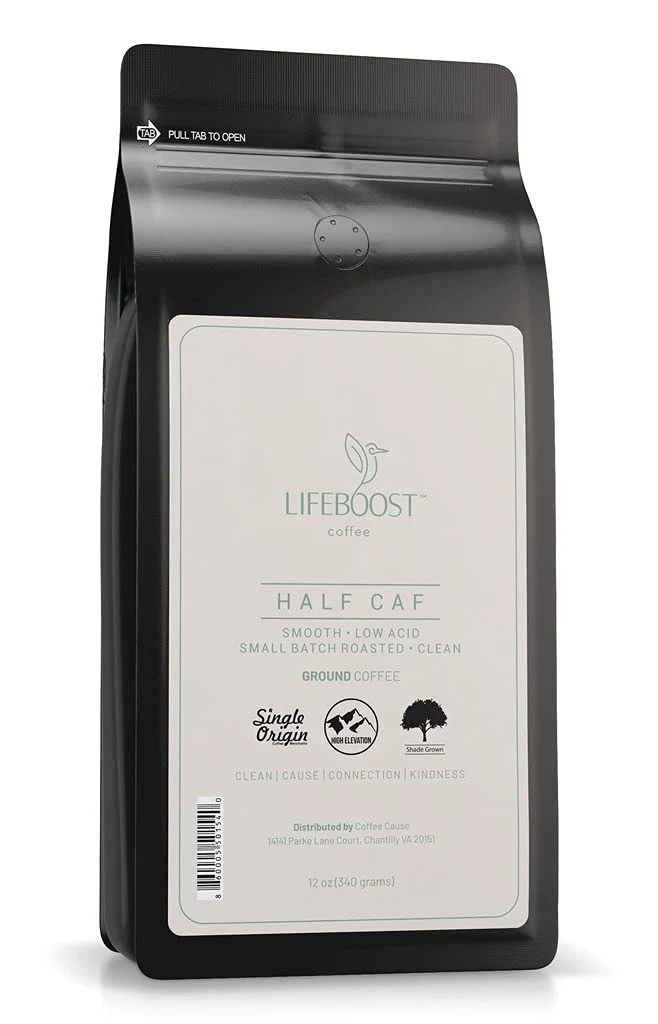 Expertly Made Lifeboost Coffee Half Caff Ground Coffee – Low Acid Single Origin USDA Organic Coffee – Non-GMO Ground Coffee Third Party Tested For Mycotoxins amp Pesticides – 12 Ounces Elite