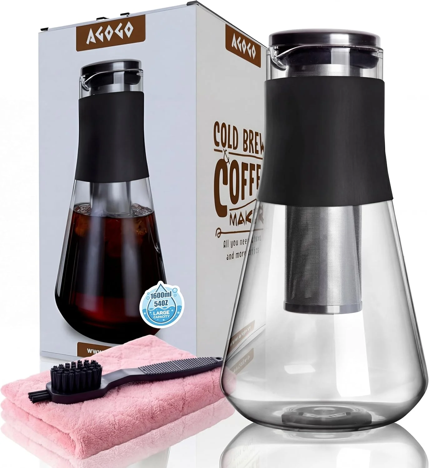 Organic AGOGO 54oz Glass Coffee Maker amp Pitcher for Iced Tea amp Fruit Infusions Thermal-resistant borosilicate removable metal filter and anti-scald grip for family breakfasts office sharing or gifts World-Class