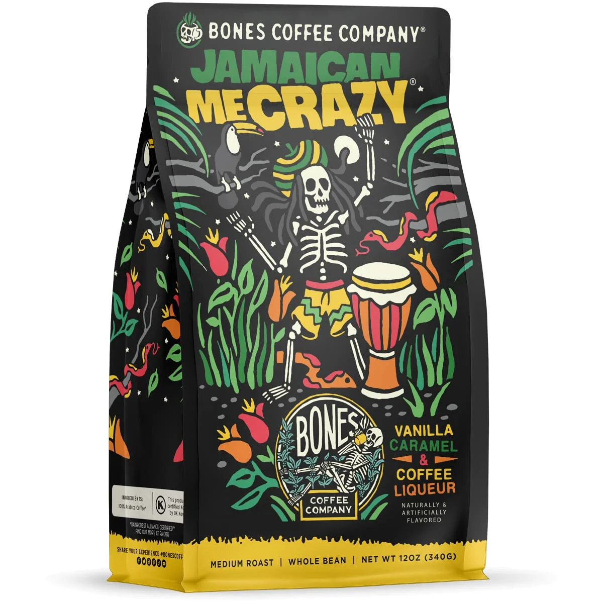 Consistent Bones Coffee Company Jamaican Me Crazy Vanilla Caramel Flavored Coffee Medium Roast Low Acid Arabica Beans Compatible with Auto drip and French Press Coffee Maker 12 Oz Ground Classic