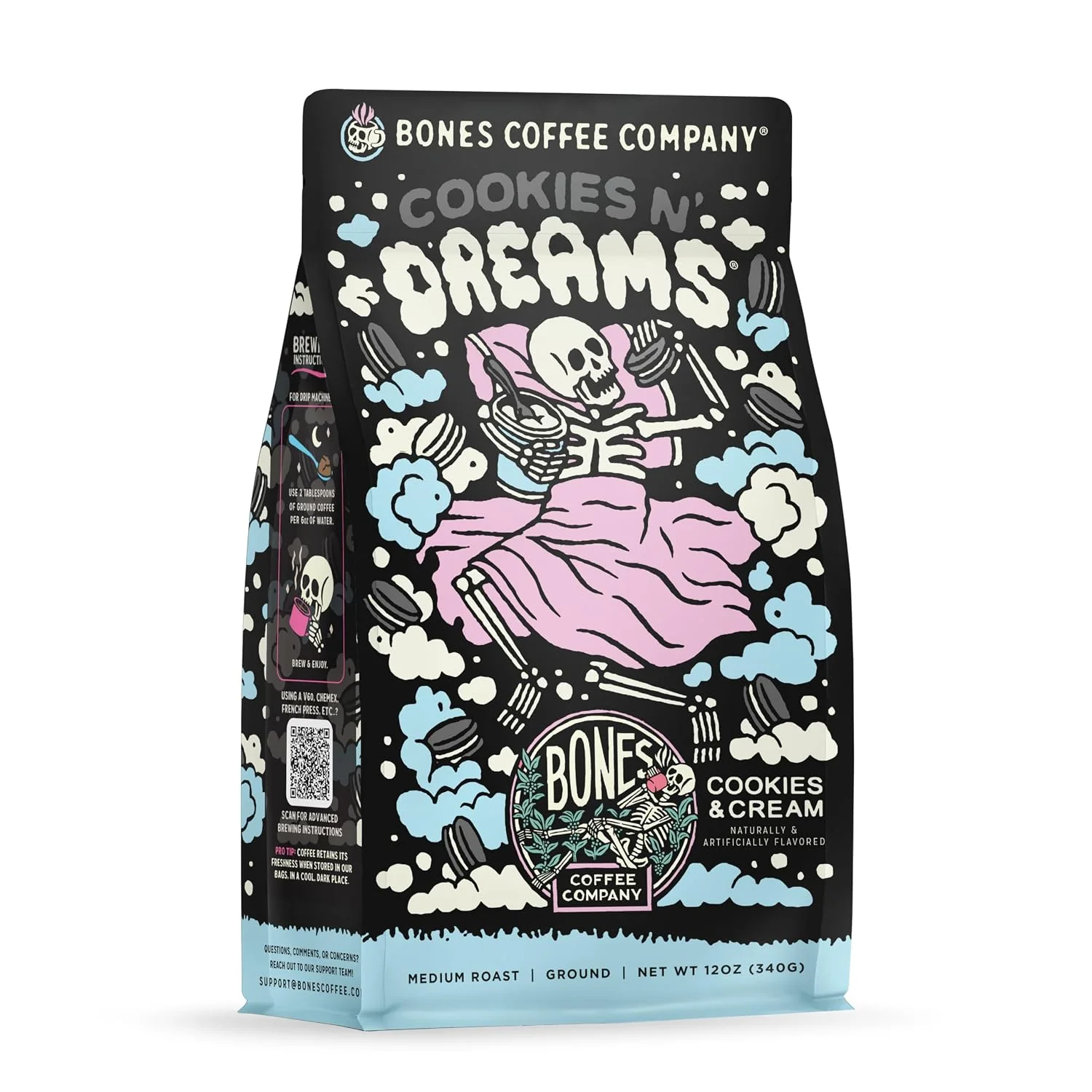 Effective Bones Coffee Company Cookies ‘N Dreams Cookies and Cream Flavored Coffee Medium Roast Low Acid Arabica Beans Compatible with Auto drip and French Press Coffee Maker 12 Oz Ground Secure