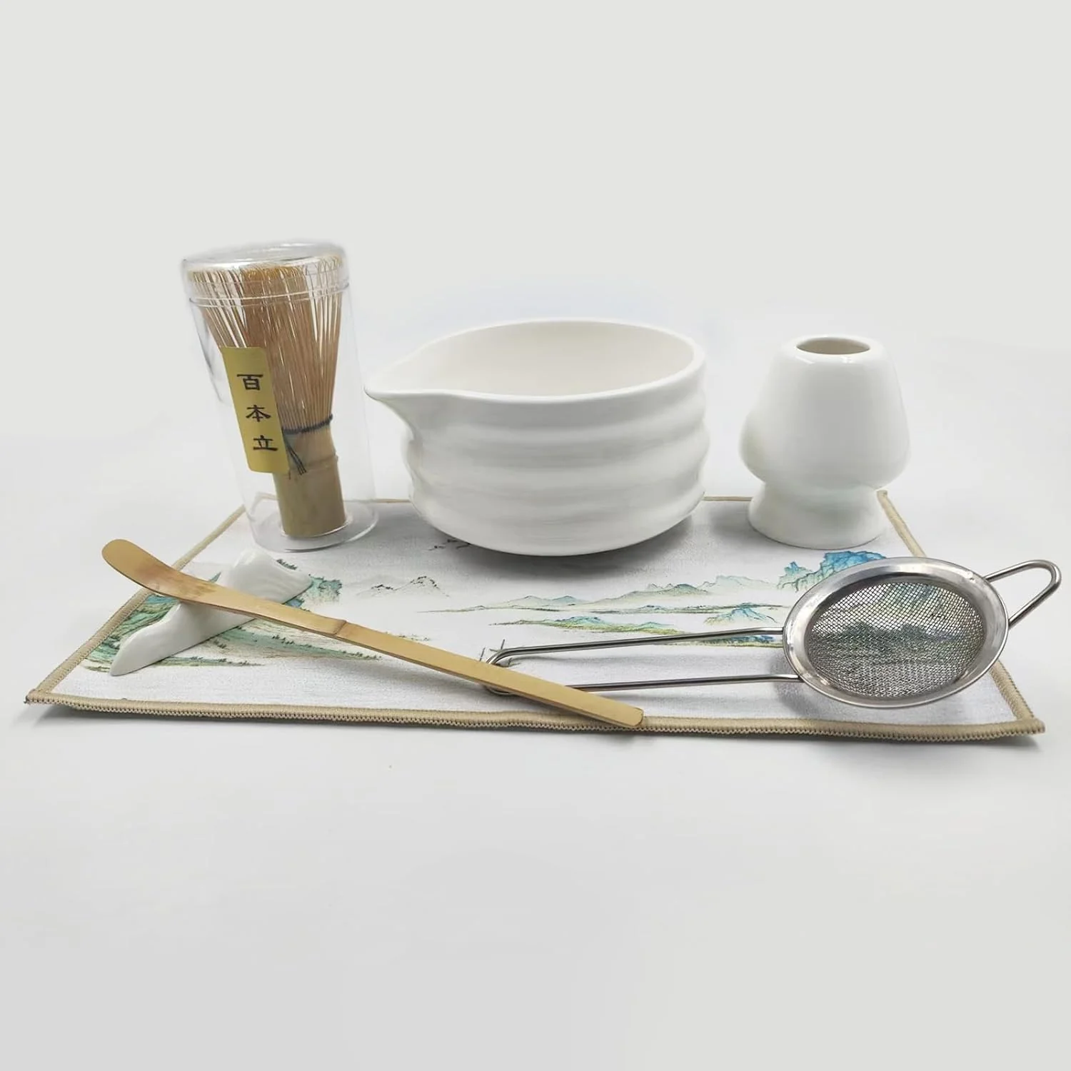 Smart Matcha Whisk Set White Ceramic Matcha Bowl Set with Bamboo Whisk Holder Scoop Rest Sifter and Towel – Complete 7 PCS Japanese Matcha Kit Artisan