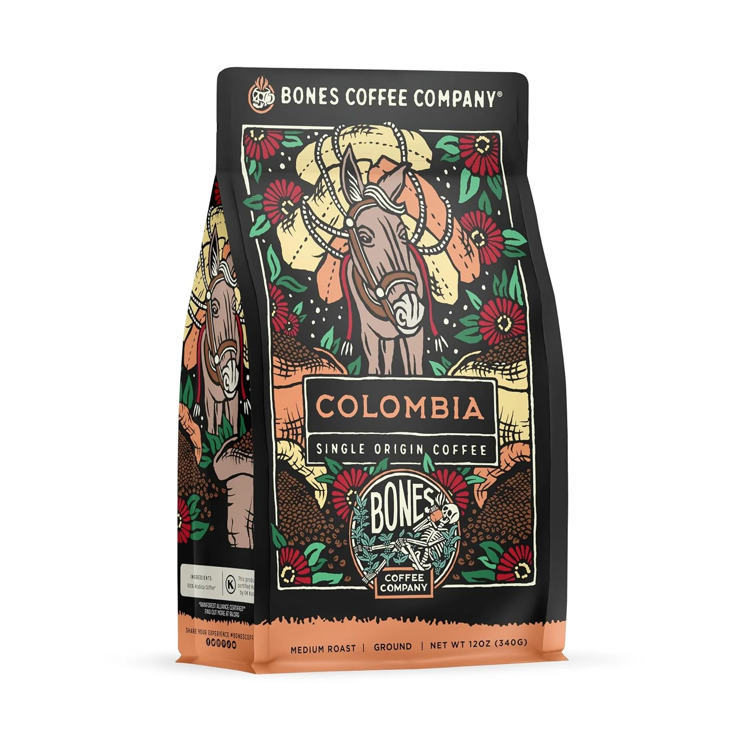 Elite Bones Coffee Company Colombia Single-Origin Coffee Almonds Dried Fruit Vanilla Notes Flavored Ground Coffee Medium Roast Low Acid Arabica Beans for Coffee Maker 12 oz Ground Secure