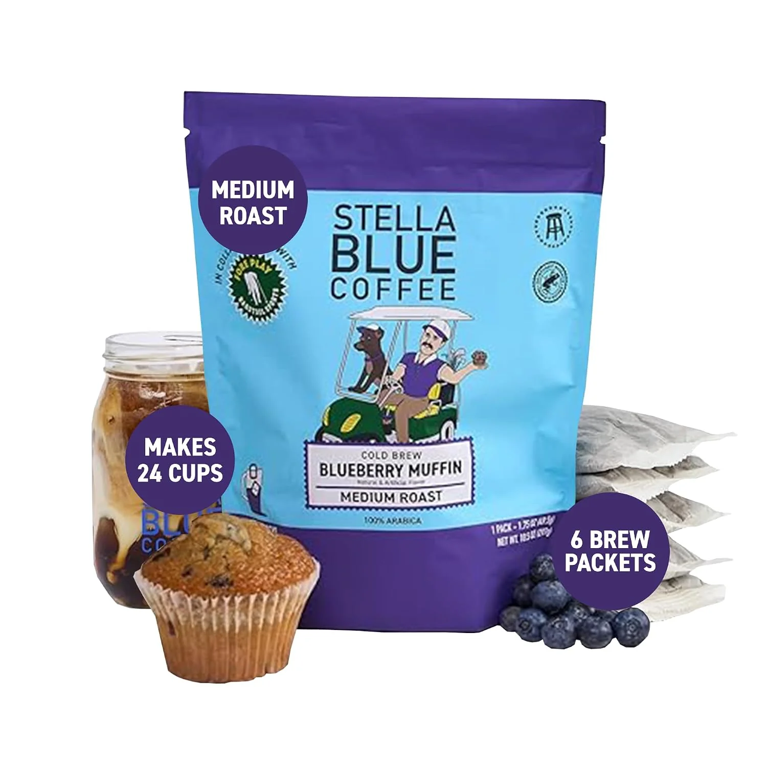 Eco-Friendly Cold Brew Coffee Bags Blueberry Muffin Medium Roast Ground Coffee Stella Blue Coffee 6 Packets Arabica Rainforest Alliance Smooth Bold Finish Ethically Sourced Makes 24 Cups Professional