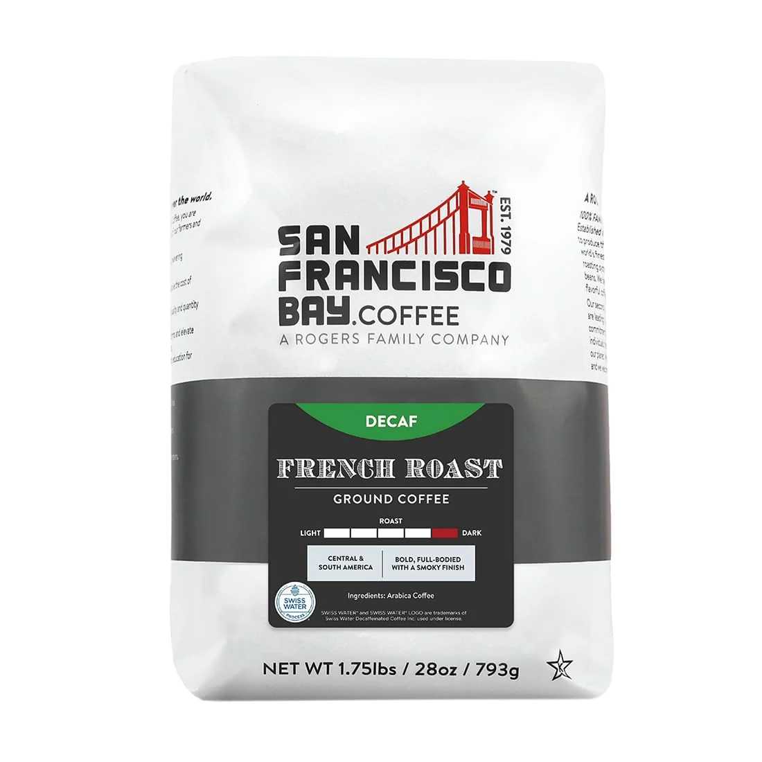 Healthy San Francisco Bay Coffee Coffee Decaf French Roast Ground Coffee 28 oz Bag Dark Roast Swiss Water Process Decaffeinated Environmentally Friendly