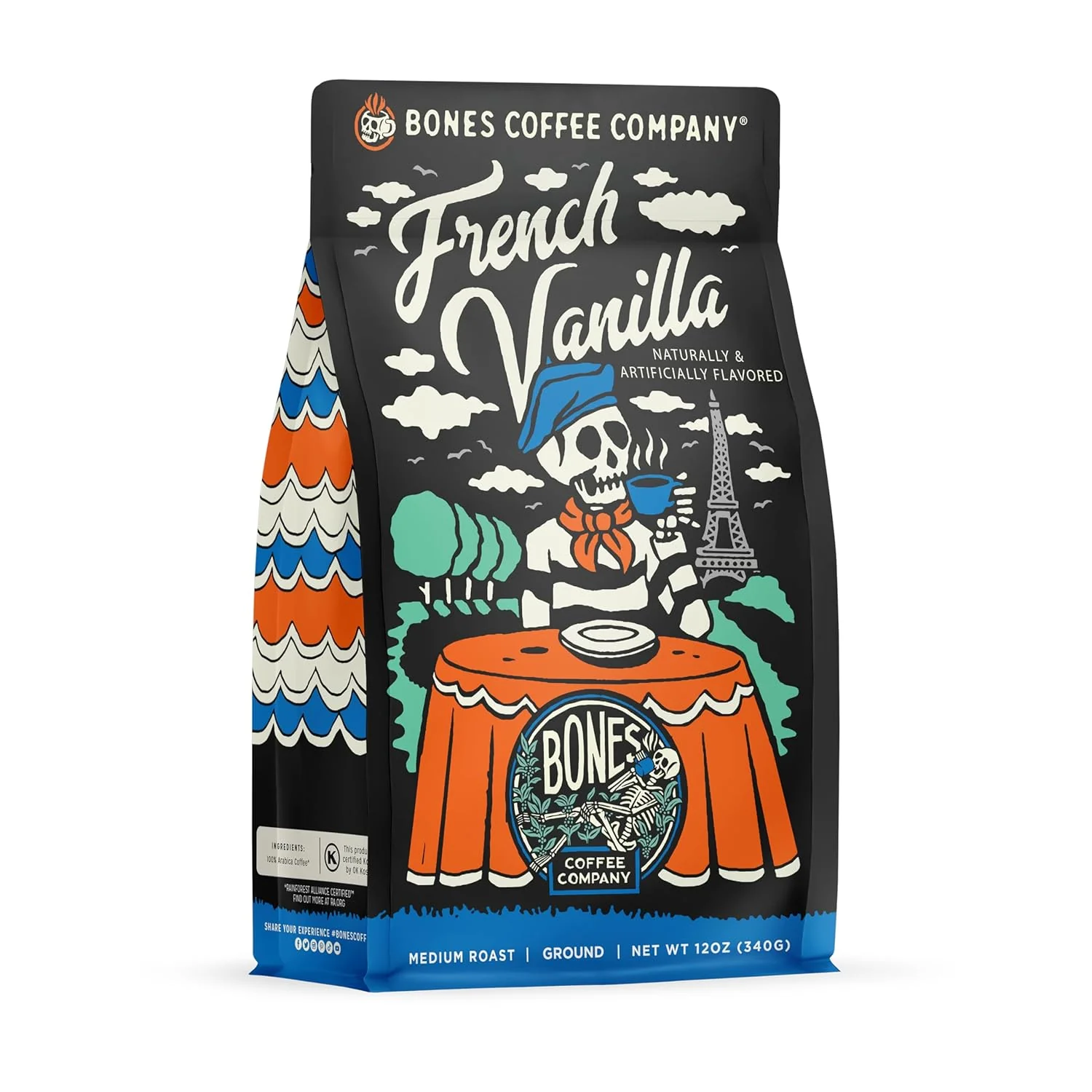 Enhanced Bones Coffee Company French Vanilla Creamy Vanilla Flavored Coffee Medium Roast Low Acid Arabica Beans Compatible with Auto drip and French Press Coffee Maker 12 Oz Ground Traditional