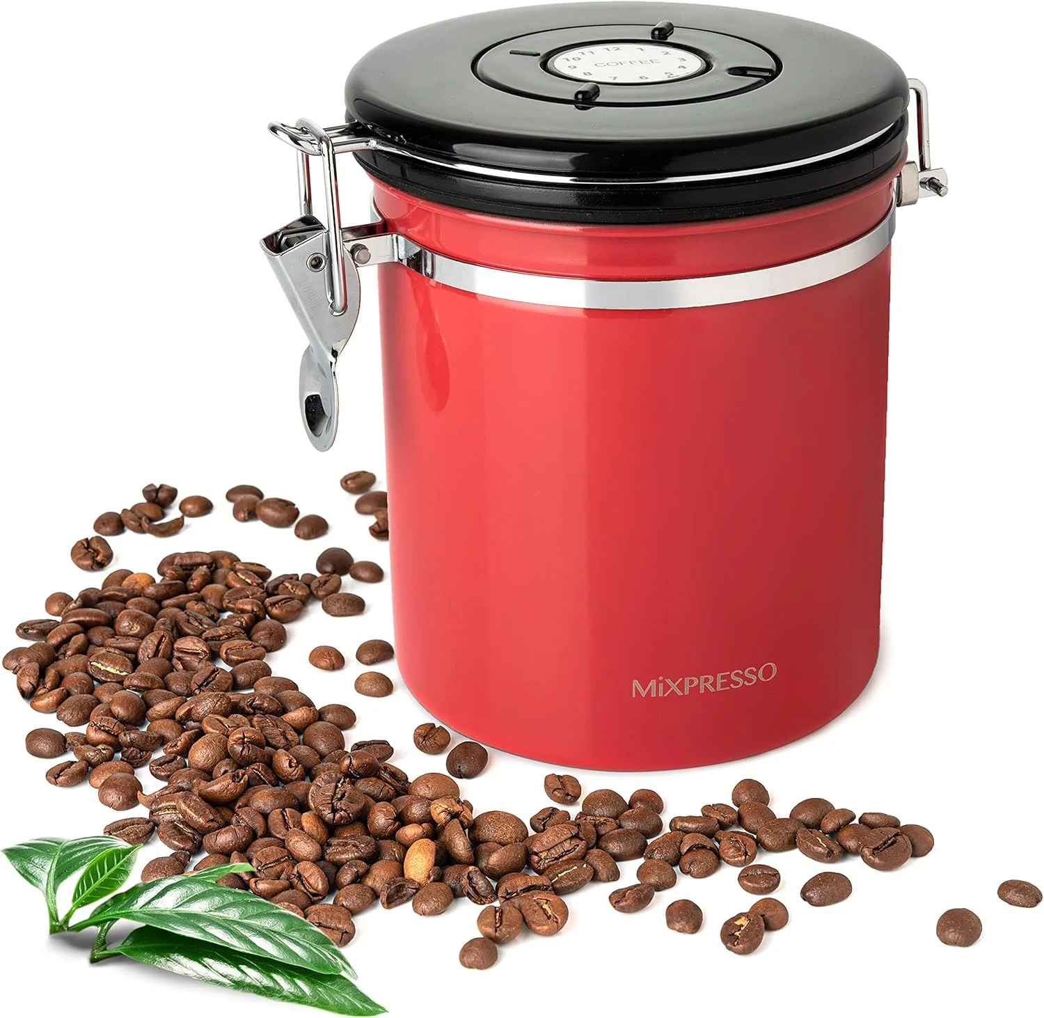 Innovative Mixpresso 16 Oz Red Coffee Canister Stainless Steel Airtight Coffee Container Air tight Jar Tea Storage with Date Tracker Detailed