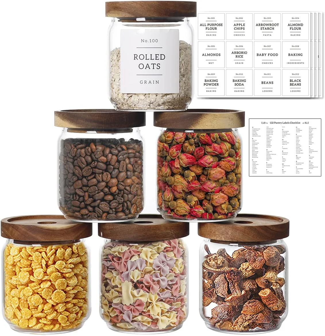 Outstanding 16 OZ Stackable Glass Food Storage Jars with 132 Pantry Labels Preprinted – 6 Pcs Thicken Glass Storage Containers with Airtight Acacia Lid Crafted
