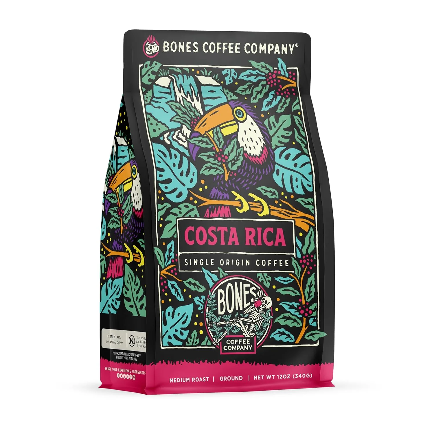 Trendy Bones Coffee Company Costa Rica Single-Origin Cocoa Nutty and Milk Chocolate Notes Ground Coffee Beans Low Acid Medium Roast Arabica Beans Flavored Coffee for Auto drip Coffee Maker 12 oz Ground Healthy