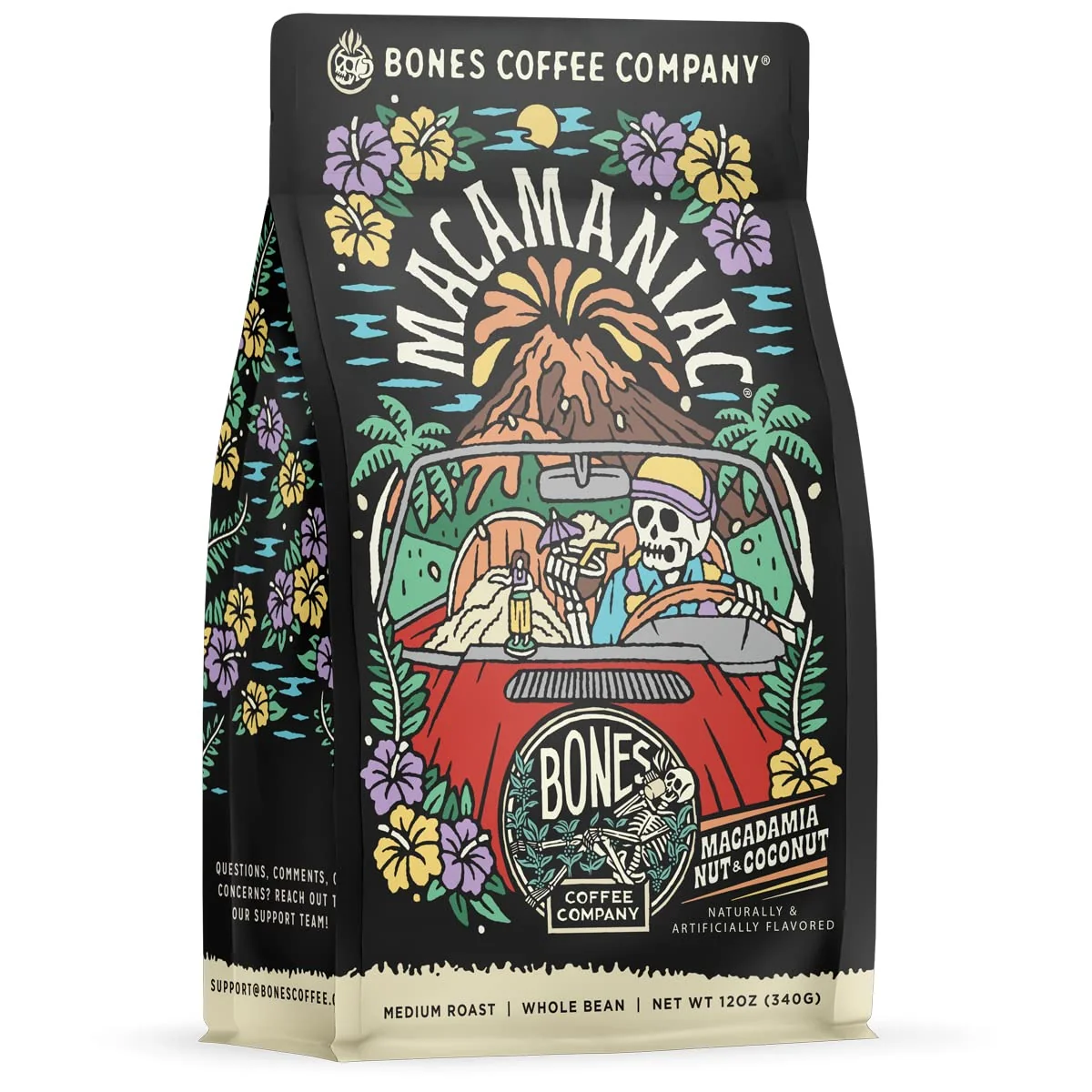 Lightweight Bones Coffee Company Macamaniac Macadamia and Coconut Flavored Coffee Medium Roast Low Acid Arabica Beans Compatible with Auto drip and French Press Coffee Maker 12 Oz Ground Durable