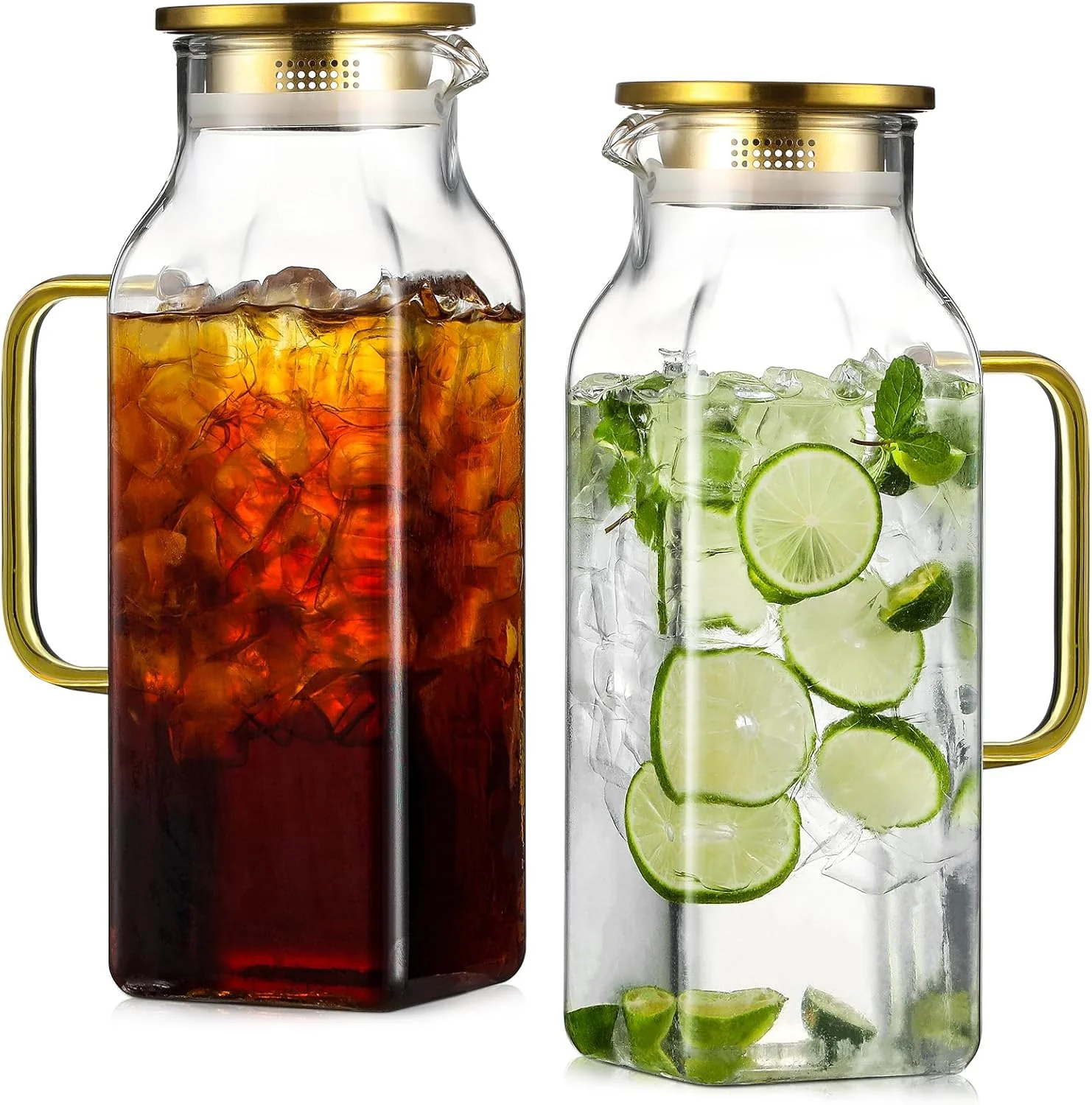 Sophisticated 2 Pack 2 Liters 68 oz Square Glass Pitcher with Lid and Handle for Fridge Iced Tea and Coffee Carafe Beverage Serveware Natural