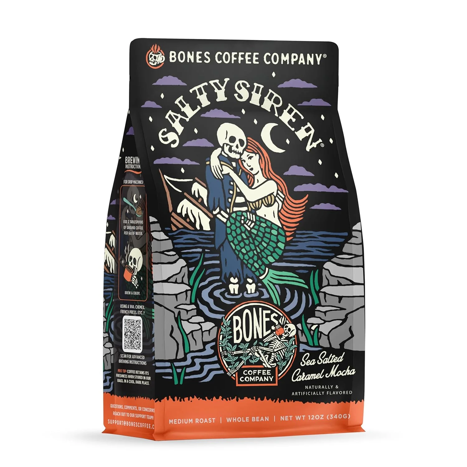 Crafted Bones Coffee Company Salty Siren Sea Salted Caramel Chocolate Flavored Coffee Medium Roast Low Acid Arabica Beans Compatible with Auto drip and French Press Coffee Maker 12 Oz Whole Bean Enhanced