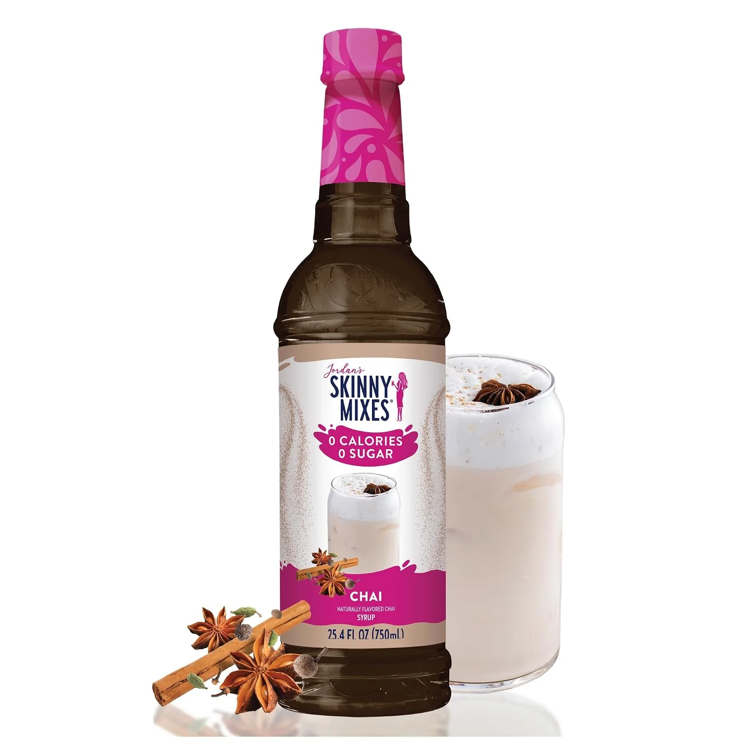 User-Friendly Jordan’s Skinny Chai Coffee Flavoring Syrup 25.4 fl oz 0g sugar 0 calories 0g carbs Keto-friendly and kosher 25 servings per bottle Mixes into lattes shakes and cocktails Convenient