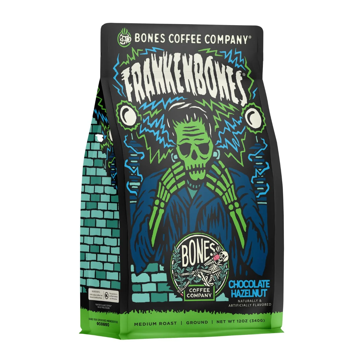 Original Design Bones Coffee Company Frankenbones Chocolate and Hazelnut Flavored Coffee Medium Roast Low Acid Arabica Beans Compatible with Auto drip and French Press Coffee Maker 12 Oz Ground High-Quality