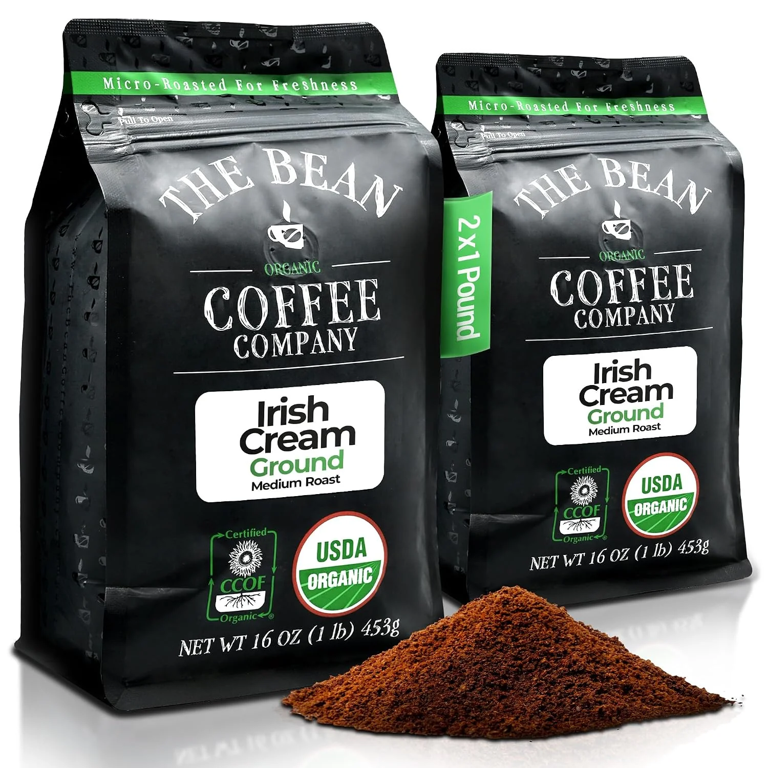 The Bean Organic Coffee Co. Irish Cream Medium Roast Ground 2 x 1 lb Silky Irish cream with a hint of mint. Organic ground coffee. Medium Roast. 2 x 1 lb. Soft