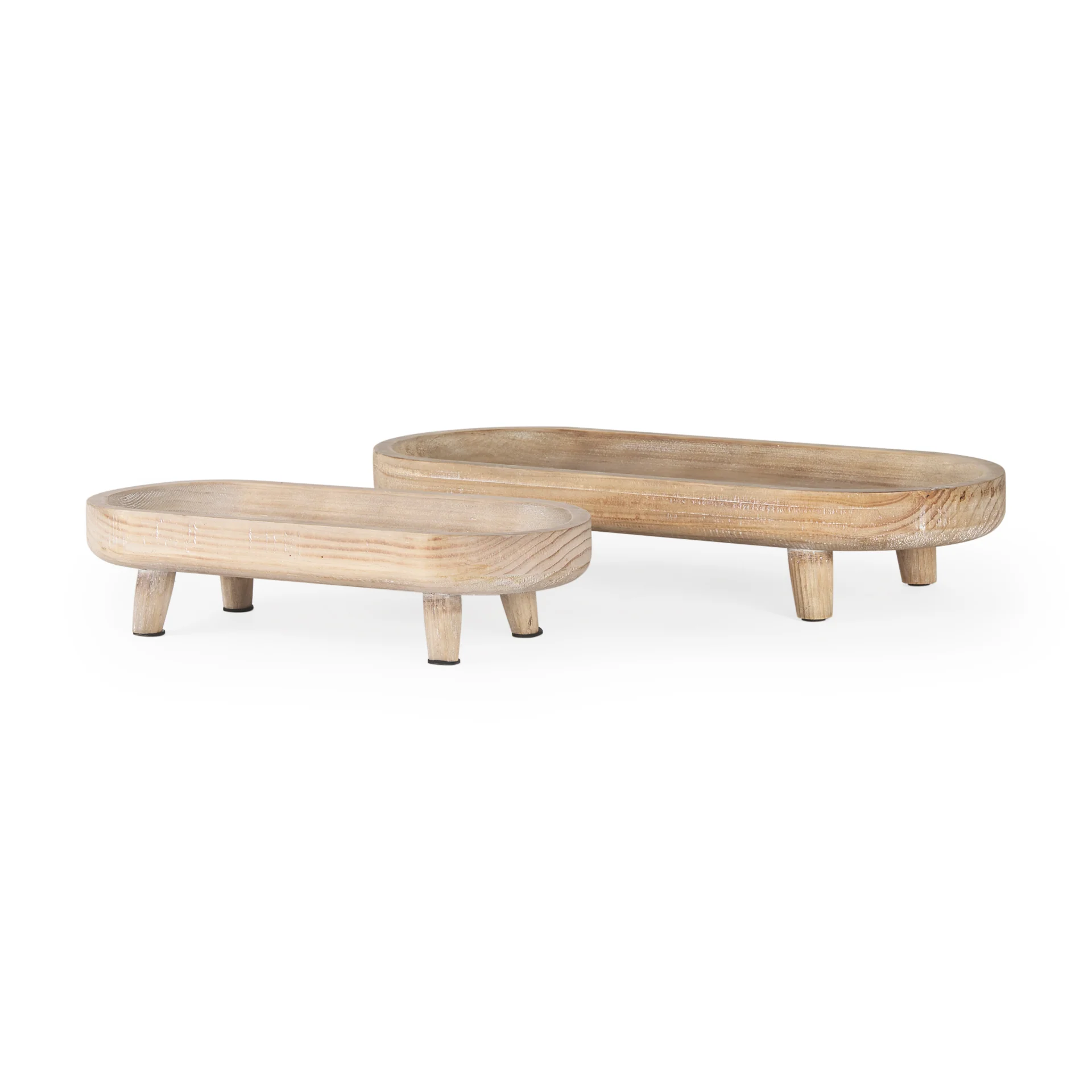 Eco-Friendly Carver Set of 2 Oblong White Washed Wood Footed Trays Sustainable