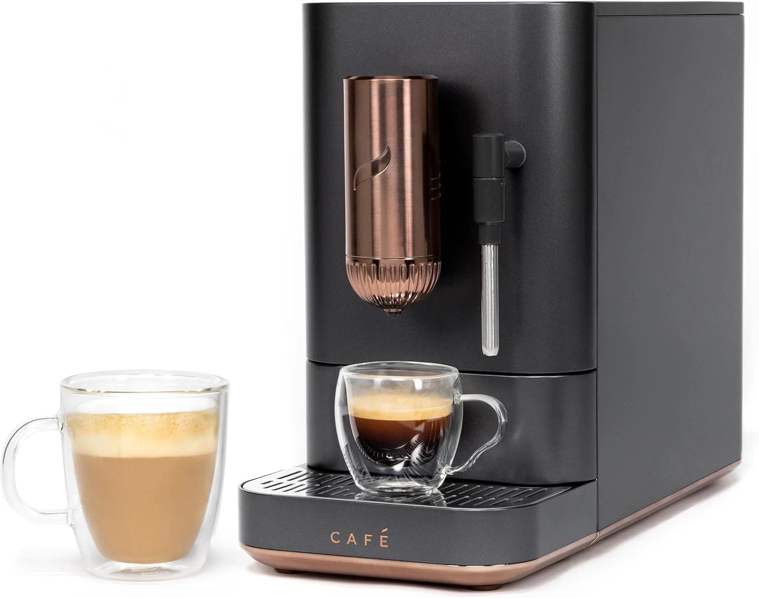 Unique Café Affetto Automatic Espresso Machine Milk Frother Built-In Adjustable Espresso Bean Grinder One-Touch Brew in 90 Seconds Matte Black Sustainable