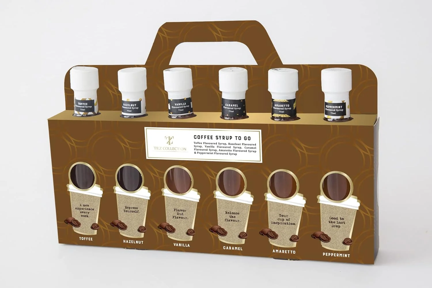 Professional Premium Coffee Syrup Gift – Set 6 x 75ml Assorted Flavoured Syrup For Coffee Including Vanilla Caramel Toffee Hazelnut Amaretto Peppermint Coffee Exclusive