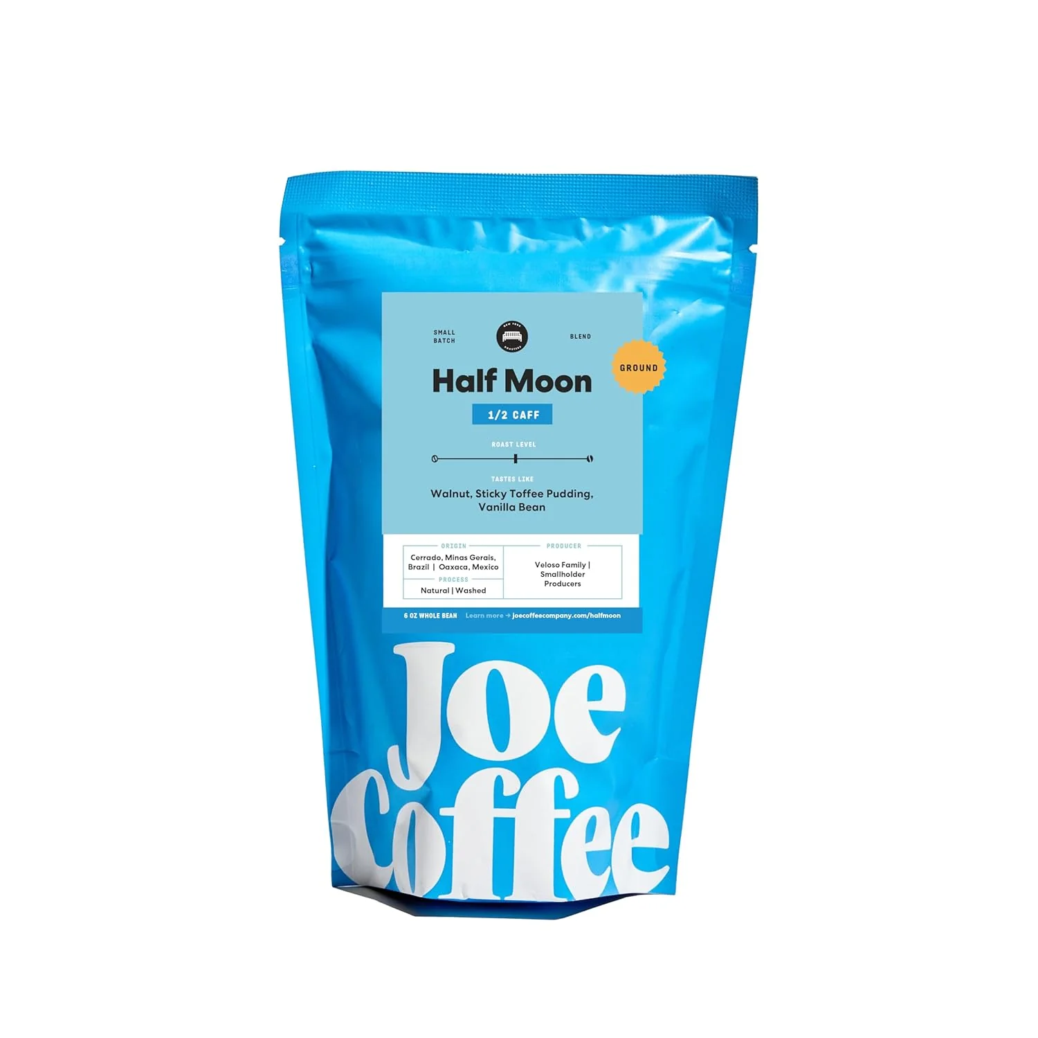 Premium Joe Coffee Company – Half Moon Half Caffeinated Ground Specialty Coffee 6 oz Bag NYC Roaster Rainforest Alliance Kosher High-Quality